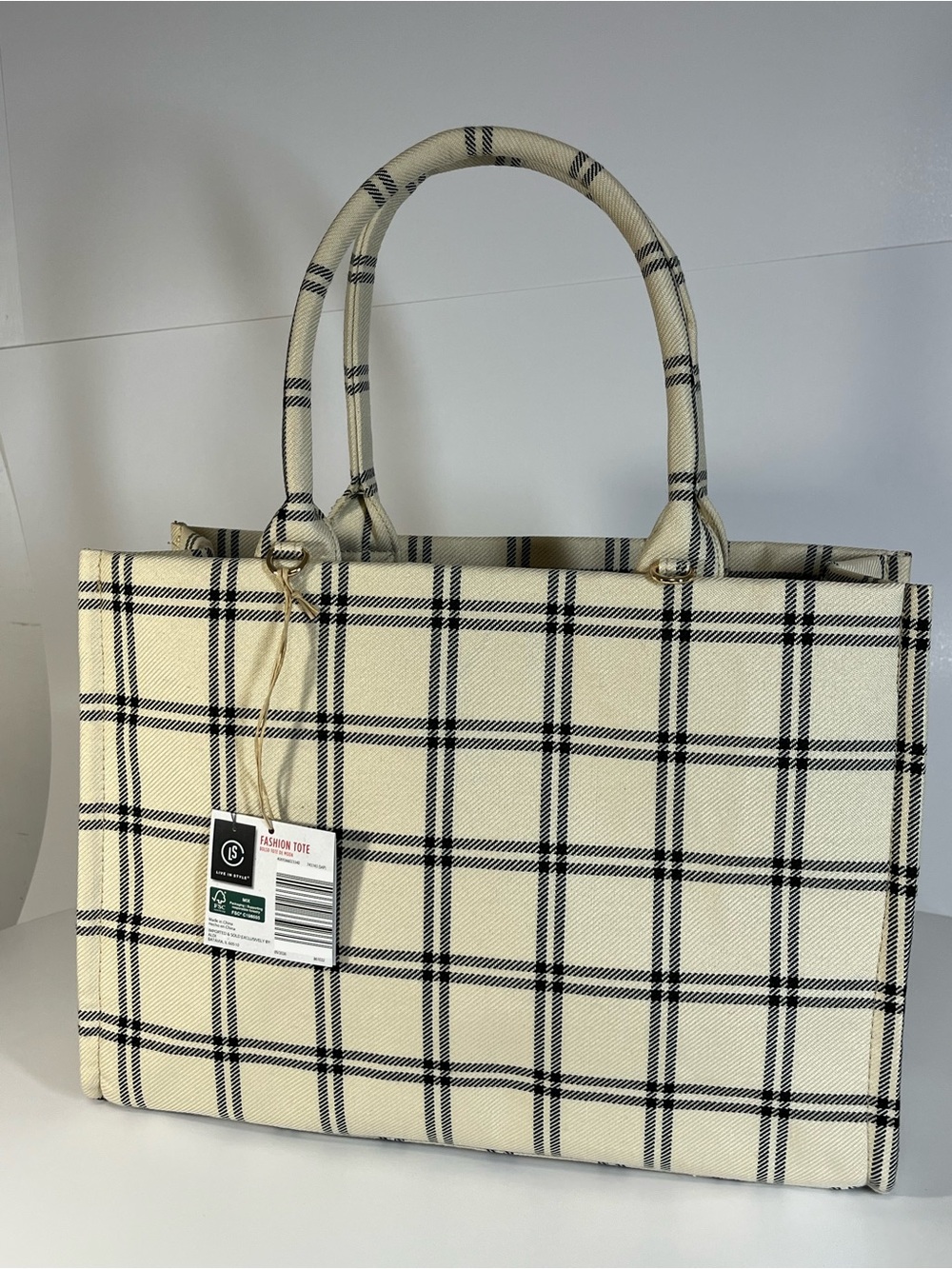 Cream & Black Plaid Tote Bag